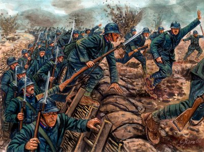 Primera Guerra Mundial: Asalto de la infantería italiana - Primera Guerra Mundial: soldados italianos cargando desde una trinchera - Ilustración de Giuseppe Rava de Giuseppe Rava