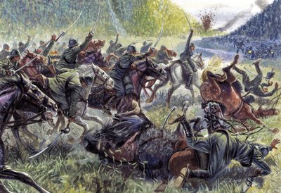 Primera Guerra Mundial: "Savoia" La caballería italiana cargando en la carga de Stupizza, cerca de Caporetto. de Giuseppe Rava