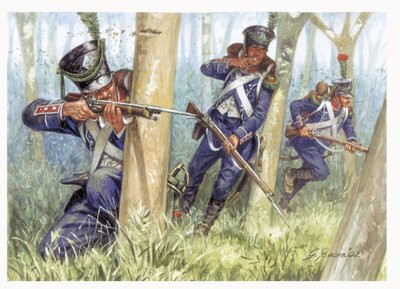 Primer imperio: Soldados de infantería ligera en el bosque - Primer imperio: Soldados de infantería ligera en el bosque - Ilustración de Giuseppe Rava de Giuseppe Rava