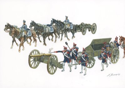 Primer imperio: el sistema de artillería Gribeauval de Jean Baptiste de Gribeauval (1715-1789) que reorganizó la artillería bajo Luis XV - Primer imperio: el sistema Gribeauval introdujo una tecnología mejorada en la artillería francesa desde 1765 - Ilustr de Giuseppe Rava