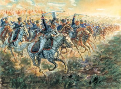 Primer imperio: la carga de los húsares prusianos hacia 1810 - Primer imperio: la carga de los húsares prusianos - Ilustración de Giuseppe Rava de Giuseppe Rava