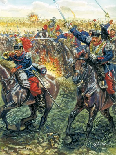 Guerra franco-alemana de 1870 (franco-prusiana): carga de los acorazados franceses en la batalla de Froeschwiller Woerth (Froeschwiller-Woerth) el 6/08/1870 - Guerra franco-prusiana: batalla de Worth (Reichshoffen o Froschweiler) (1870): Carga de la caball de Giuseppe Rava