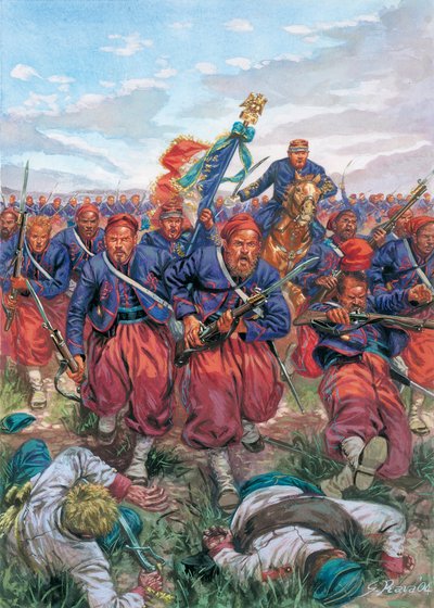 Campaña italiana de 1859 (Segunda Guerra de Independencia italiana): carga de los zuavos del Ejército francés de Napoleón III durante la batalla de Solferino el 24/06/1859 - Segunda Guerra de Independencia italiana (Guerra franco-austriaca, Guerra austro-s de Giuseppe Rava
