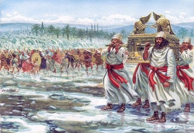 Josué portando el arca de la alianza cruza el río Jordán con el pueblo judío - Josué portando el arca de la alianza cruza el río Jordán con el pueblo judío - Ilustración de Giuseppe Rava de Giuseppe Rava