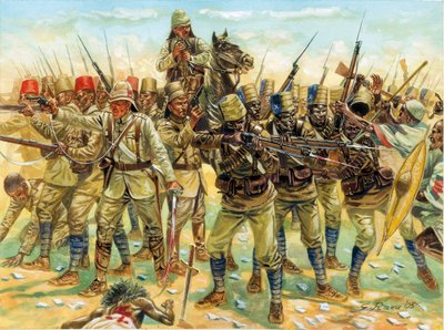 Guerra Mahdista (Guerra de Sudán) (1881-1899): fuerzas en presencia en la Batalla de Omdurman (a la derecha los derviches sudaneses y a la izquierda el ejército anglo-egipcio) el 2/09/1898 - Guerra Mahdista (o la Revuelta Mahdista): Batalla de Omdurman (2  de Giuseppe Rava