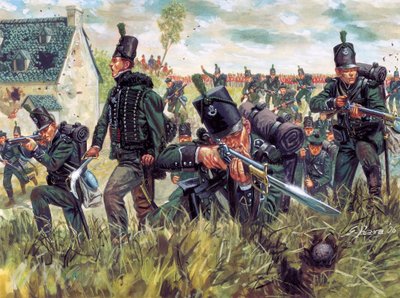 Napoleonic War: British riflemen of the 95th Regiment of Rifliers defend a sand quarry at the Battle of Waterloo 18/06/1815 - (Guerra Napoleónica: fusileros británicos defendiendo una cantera de arena durante la batalla de Waterloo el 18 de junio de 1815)  de Giuseppe Rava