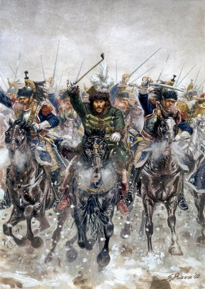 Campaña de Prusia y Polonia: Joachim Murat (1767-1815) al frente de la caballería en la batalla de Eylau el 8 de febrero. de Giuseppe Rava