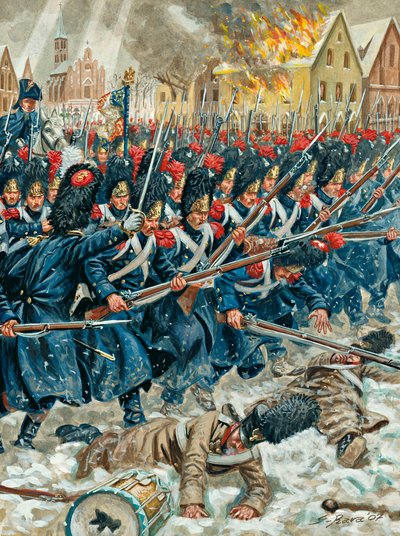 Campaña prusiana: "El arma en el brazo" Granaderos de la Guardia Imperial en la Batalla de Eylau el 8/02/1807 - Campaña Prusiana: Batalla de Eylau (o Batalla de Preussisch-Eylau) el 7 y 8 de febrero de 1807 entre la Grande Armee de Napoleón y un E de Giuseppe Rava