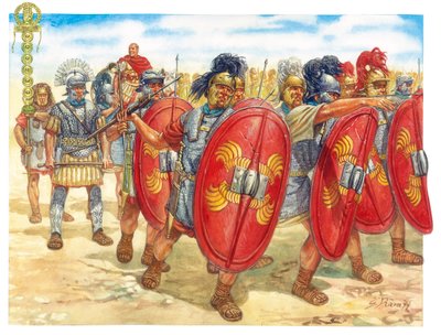 Antigüedad romana (República): un grupo de legionarios romanos - República romana: legionarios romanos - Ilustración de Giuseppe Rava de Giuseppe Rava