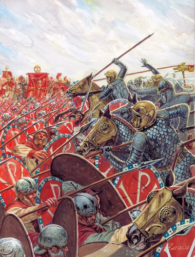 Antigüedad Romana: Batalla del puente Milvio el 28/10/312 entre Constantino y Majencio cerca de Roma, Italia - Batalla del puente Milvio entre los emperadores romanos Constantino I y Majencio el 28 de octubre de 312 cerca de Roma - Ilustración de Giuseppe  de Giuseppe Rava
