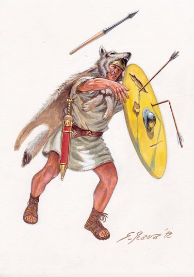 Roman antiquite (República): velite (soldado de infantería ligera de los siglos pobres) del ejército romano - velites de la república romana - Ilustración de Giuseppe Rava de Giuseppe Rava