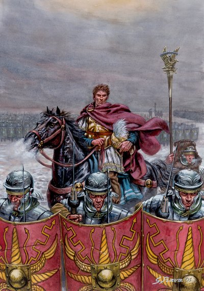Antigüedad romana: Ejército romano cerca de la muralla de Adriano en Escocia, siglo II d.C. - Ilustración de Giuseppe Rava de Giuseppe Rava