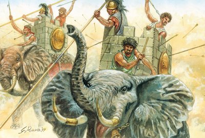 Antigüedad romana: los elefantes de Aníbal - representación de los elefantes que permitieron al general Aníbal (247-183 a.C.) cruzar los Alpes en 218 a.C. durante la segunda guerra púnica Ilustración de Giuseppe Rava de Giuseppe Rava