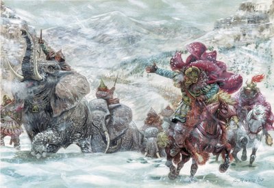 Antigüedad romana: los elefantes de Aníbal durante el cruce de los Alpes - representación de los elefantes que permitieron al general cartaginés Aníbal (247-183 a.C.) cruzar los Alpes en 218 a.C. durante la segunda guerra púnica Ilustración de Giuseppe Rav de Giuseppe Rava