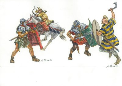 Legionarios romanos luchando contra un arquero a caballo parto y un guerrero franco de Giuseppe Rava