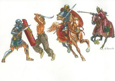 Legionario romano luchando contra un guerrero dacio y un jinete romano contra un catafractos sármata de Giuseppe Rava