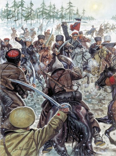 Guerra civil rusa (1917-1923): Soldados del Cáucaso al lado de los ejércitos blancos en 1919 - Guerra civil rusa: los cosacos luchando contra el ejército blanco ruso en 1919 - Ilustración de Giuseppe Rava de Giuseppe Rava