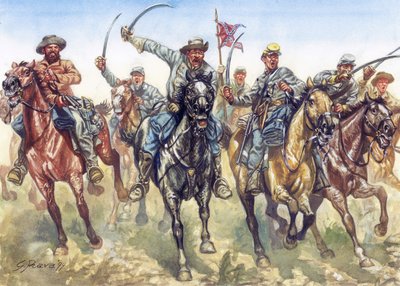 Guerra de Secesión (1861-1865) - Guerra civil americana: la caballería confederada cargando - Ilustración de Giuseppe Rava de Giuseppe Rava