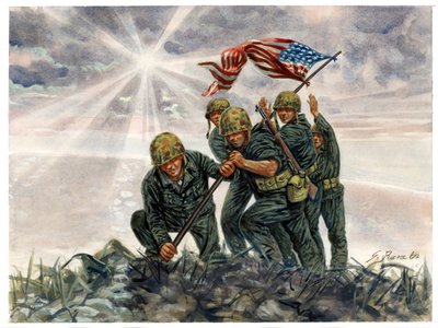 Segunda Guerra Mundial, Guerra del Pacífico: Batalla de Iwo Jima, victoria de los Marines estadounidenses en febrero de 1945 - Segunda Guerra Mundial, Guerra del Pacífico: Batalla de Iwo Jima (Operación Destacamento), los marines estadounidenses izan la ba de Giuseppe Rava