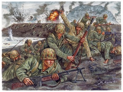 Segunda Guerra Mundial, Guerra del Pacífico: Desembarco el 19/02/1945 del cuerpo anfibio de Marines durante la Batalla de Iwo Jima en Japón - Segunda Guerra Mundial, Guerra del Pacífico: Batalla de Iwo Jima (Operación Desembarco), desembarco anfibio de los de Giuseppe Rava