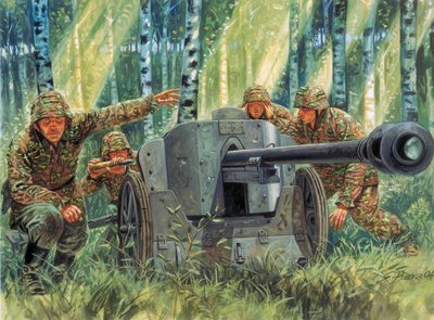 Segunda Guerra Mundial: Panzerabwehrkanone 38 o Pak 38, cañón antitanque alemán - Segunda Guerra Mundial: Pak 38 de 5 cm, cañón antitanque alemán de calibre 50 mm - Ilustración de Giuseppe Rava de Giuseppe Rava