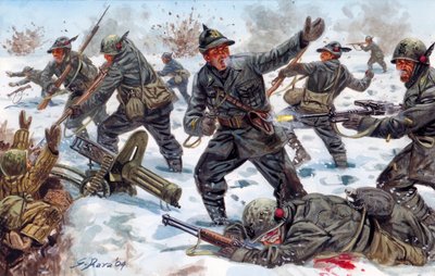 Segunda Guerra Mundial, Frente Ruso: Cazadores alpinos italianos en Rusia en enero de 1943 - Segunda Guerra Mundial, frente ruso: los alpinos italianos en Rusia, enero de 1943 - Ilustración de Giuseppe Rava de Giuseppe Rava