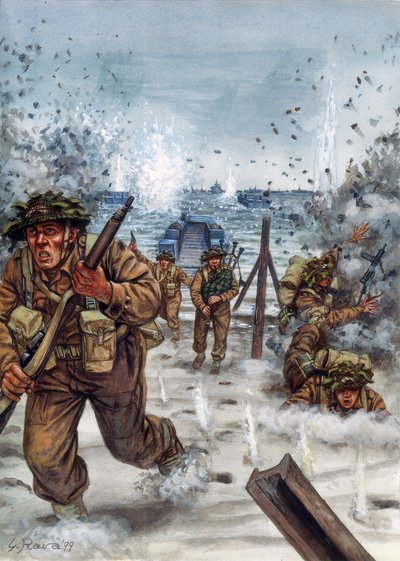 Segunda Guerra Mundial: Soldados escoceses durante el desembarco en Normandía 6/06/1944 - WWII, D day: Soldados escoceses el día del desembarco en Normandía, 6 de junio de 1944 - Ilustración de Giuseppe Rava de Giuseppe Rava