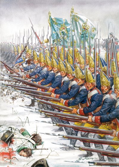 Guerra de los Siete Años: Granaderos del ejército prusiano durante la batalla de Leuthen, 05/12/1757 - Desfile de la Guardia de Potsdam en Leuthen, 5 de diciembre de 1757 durante la Guerra de los Siete Años - Ilustración de Giuseppe Rava de Giuseppe Rava