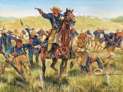 Guerra hispano-estadounidense o Guerra de la Independencia de Cuba (1868-1898) entre España y Norteamérica: retrato del soldado y político estadounidense Theodore Roosevelt (1858-1919) cargando con los Rough riders en Cuba - Guerra hispano-estadounidense ( de Giuseppe Rava