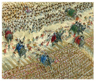 La batalla de Hydaspes Alejandro y Porus luchando en 327 a.C. - Alejandro Magno continúa su conquista hacia el valle del Indo - Alejandro Magno contra el rey Porus durante la batalla de Hydaspes - Ilustración de Giuseppe Rava de Giuseppe Rava