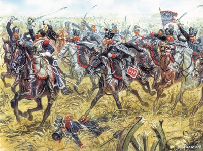 Los Húsares de la Muerte del Ejército Prusiano, hacia 1810 - Húsares del ejército prusiano (Regimientos Leib-Husaren) 1810 ca - Ilustración de Giuseppe Rava de Giuseppe Rava
