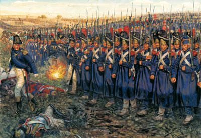 El ataque de la Guardia Media contra el centro de Wellington en la batalla de Waterloo el 18 de junio de 1815 "La Guardia Imperial de Napoleón I (1769-1821) marchando sobre las tropas del Duque de Wellington en la batalla de Waterloo". de Giuseppe Rava