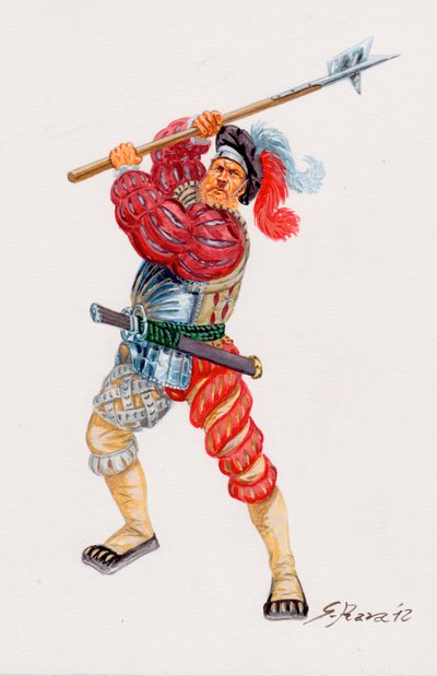 Un Lansquenet, piquero mercenario alemán- un Landsknecht piquero mercenario alemán - Ilustración de Giuseppe Rava de Giuseppe Rava