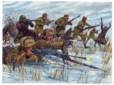 Segunda Guerra Mundial: Soldados de infantería rusos avanzando en el campo de batalla - Segunda Guerra Mundial: Soldados de infantería rusos avanzando en el campo de batalla - Ilustración de Giuseppe Rava de Giuseppe Rava
