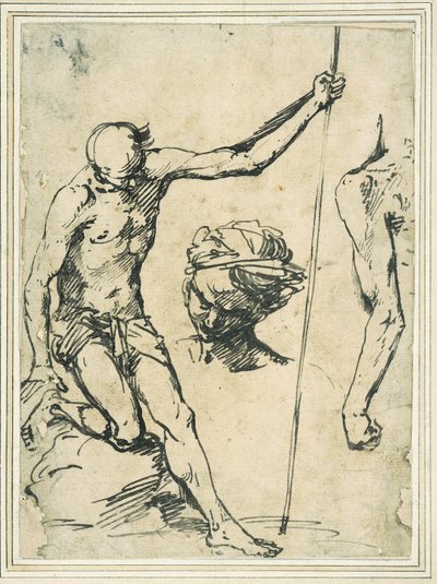 Estudios de figuras: hombre sosteniendo un palo, cabeza de un hombre con turbante y un brazo izquierdo visto desde atrás de Giuseppe Ribera