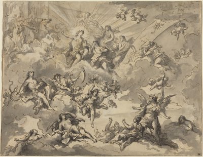 Apolo y las Musas (pluma y tinta negra con aguada gris sobre grafito sobre papel verjurado) de Giuseppe Valeriani