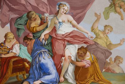 Representaciones del mito de Diana, por Domenico y Giuseppe Valeriani, fresco, techo abovedado del dormitorio, apartamento del Rey, residencia de caza, por Filippo Juvarra (1678-1736), Stupinigi, Piamonte, Italia de Giuseppe and Valeriani Domenico Valeriani