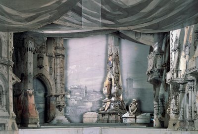 Plaza delante de la Catedral de Valladolid, Acto III, Escena IV, escenografía de Charles Campon para Don Carlos de Giuseppe Verdi (1813-1901), representación en París, teatro de la ópera Salle Le Peletier, 11 de marzo. de Giuseppe Verdi