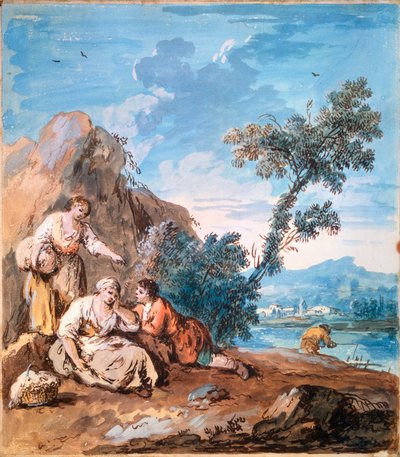 Tres campesinos descansando en la orilla de un río, c1750 de Giuseppe Zais