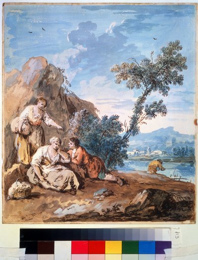 Tres campesinos descansando en la orilla de un río. Pintura de Giuseppe Zais (1709-1784). Acuarela sobre papel, 29,5 x 26,2 cm, hacia 1750. Escuela veneciana, pintura italiana del siglo XVIII. Museo de Bellas Artes Pushkin, de Giuseppe Zais