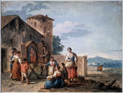 Un grupo de campesinos ante el tabernáculo con la estatua de la Virgen de pie. Dibujo de Giuseppe Zais (1709-1784). Témpera y sepia sobre papel, 30,2 x 38 cm, hacia 1750. Escuela veneciana de de Giuseppe Zais
