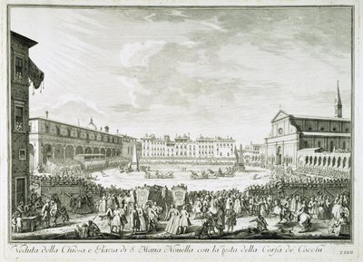 La fiesta de Corsa dei Cocchi en la plaza de Santa Maria Novella. La fiesta de Corsa dei Cocchi plaza de la Iglesia de Santa Maria Novella en Florencia. Dibujo de Giuseppe Zocchi (1711-1767). Florencia, Biblioteca Riccardiana. de Giuseppe Zocchi