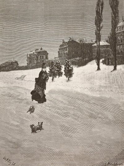 ¡Hace frío!, mujer caminando en la nieve, grabado de una pintura de Giuseppe De Nittis, dibujo de Montefusco, L