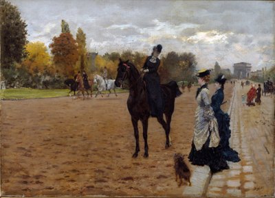 La amazona Cavaliere hablando con caminantes en la Avenida Foch en París de Giuseppe or Joseph de Nittis