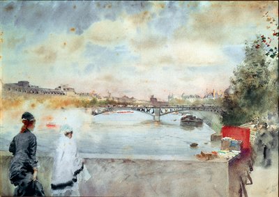Las orillas del Sena. Dos mujeres sentadas en un puente en París miran hacia el río, a la derecha los libreros de los muelles. Acuarela de Giuseppe De Nittis (1846-1884) 1875 Galleria d