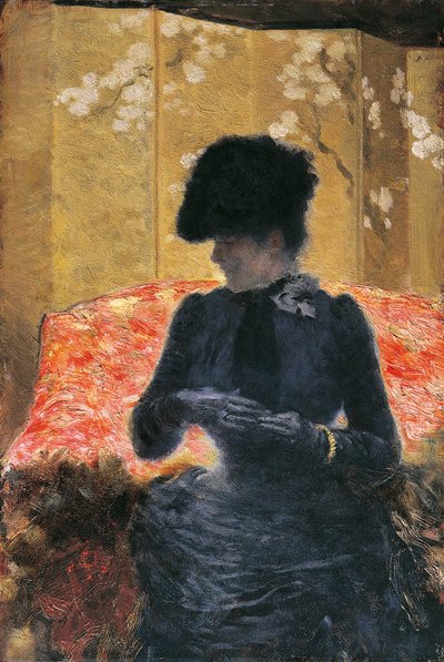 Mujer en sofá rojo de Giuseppe or Joseph de Nittis