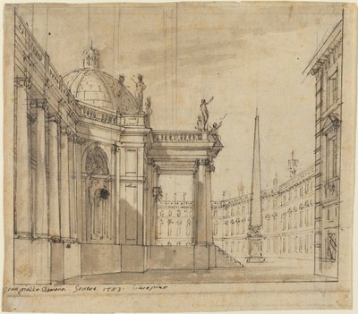 Diseño de escenario: Una plaza con una iglesia con cúpula y un obelisco de Giuseppino Galliari