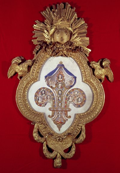 La Flor de Francia, árbol genealógico con trece retratos de Luis XV (1710-74) y sus descendientes en un marco con forma de flor de lis, 1765 (oro y esmalte) de Glokeur de Surchamps