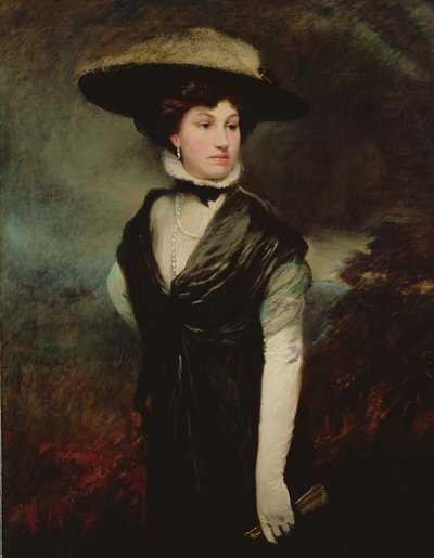 Retrato de Amy Bird, la actriz, de pie tres cuartos de longitud, en negro, un paisaje más allá, c.1909 de Glyn Warren Philpot