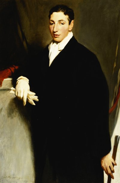Retrato de Dennis Cohen, tres cuartos de longitud, vistiendo un abrigo negro y un guante blanco y sosteniendo un bastón de Glyn Warren Philpot